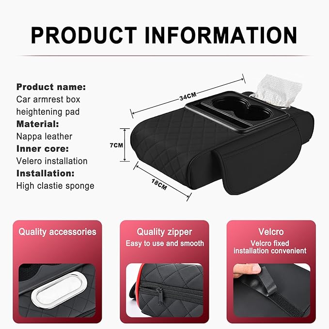 Car Armrest Storage Box for Ford Transit Connect 2011–2012, Center Console Organizer with Side Pocket, Ergonomic Memory Foam Armrest Cushion, Car Elbow Support Pad,A Black