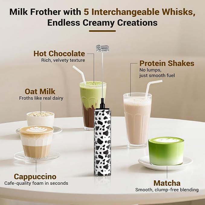 Milk Frother Handheld Rechargeable - 2-Speed Electric Whisk with 5 Detachable Heads (Frother/Mixer/Whisk) for Coffee, Latte, Cappuccino & Matcha, Drink Mixer (Flower 15)