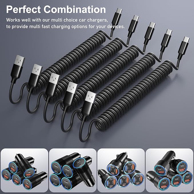 3 Pack 65W Multi Port 12V USB C & USB A Car Charger Adapter with 5 Pack Coiled USB Type C Coiled Cable Compatible for iPhone, Galaxy, Google and Other Android Devices
