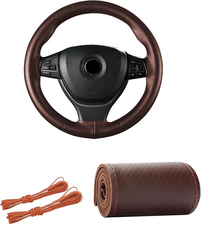 Kewucn Genuine Leather Steering Wheel Cover, 15" Universal Car Steering Wheel Protector with Needle Thread, Breathable Anti-Slip Steering Wheel Cover DIY Stitch on Wrap (Coffee, Full Hole)