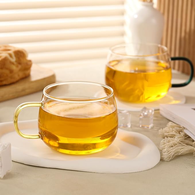 Glass Tea Cups Set of 4, Clear Borosilicate Glass Teacups with Colorful Handle for Tealover, Dishwasher & Microwave Safe Large Coffee Mugs for Espresso Cappuccino Latte Juice, 12OZ/360ML