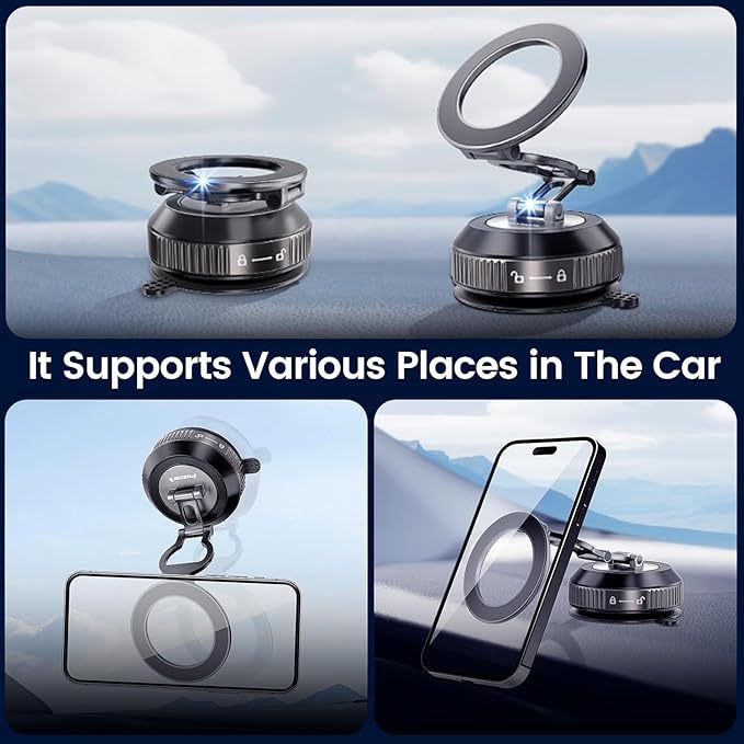 MagSafe Compatible Magnetic Car Phone Mount, Vacuum Suction 108+ lbs Strong Hold, 360° Rotation, Dashboard & Windshield Holder for iPhone 12-16 & Android