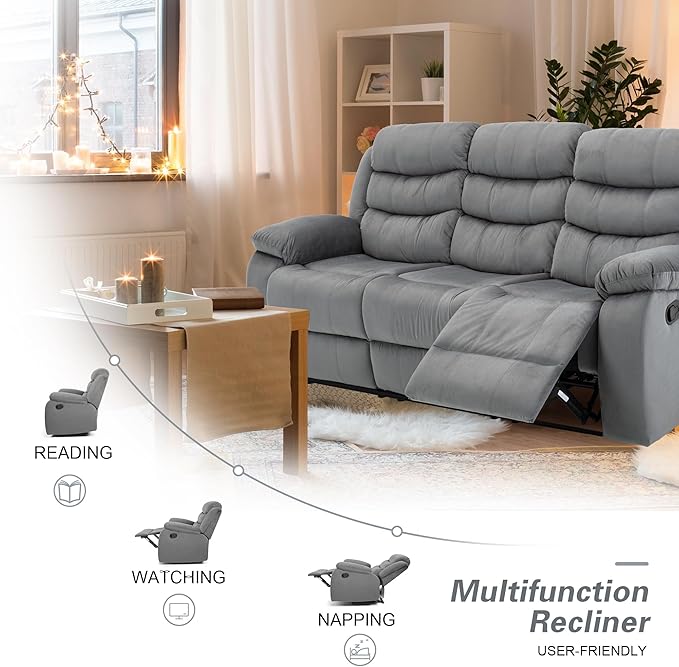 Reclining Sofa Set 3 Seater Couch Recliner, Velvet Wall Hugger Recliner Sofas for Living Room, RV, Home Theater Seating(Grey, 3 Seater Sofa)