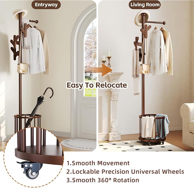 Uniclinens Freestanding Wooden Coat Rack with Umbrella Holder，Walnut Coat Rack with Hooks, Space-Saving Entryway Organizer for Hanging Clothes and Storing Towels, Bedroom, Living Room