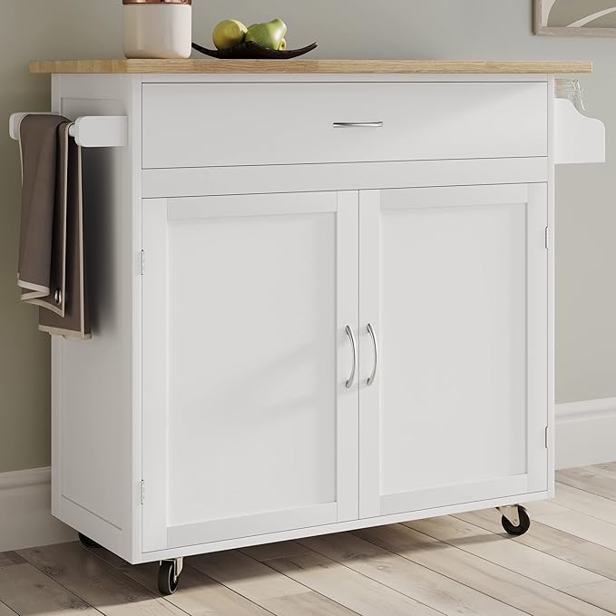 Lavish Home Kitchen Island Cart – Rolling Kitchen Table with Spice Rack, Towel Rack, Storage Drawers & Cabinet – Mobile Coffee Bar & Additional Counter Space (White)
