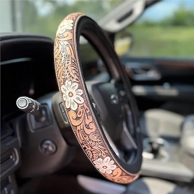 Western Steering Wheel Cover 14.5–15" – Retro Tooled Leather Pattern, Universal Anti-Slip Car Accessories for Trucks SUVs Cars, Boho Cowgirl/Cowboy Gift (F)