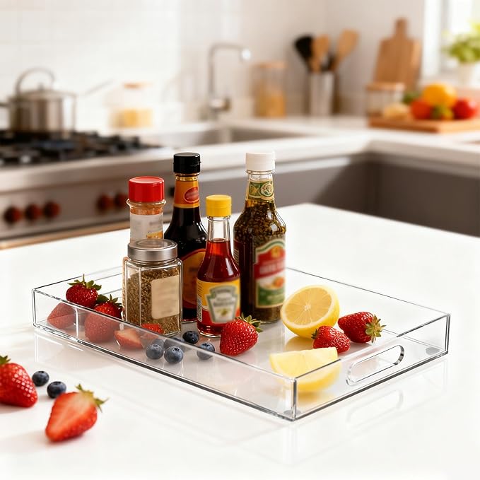16x12 Inch Clear Acrylic Serving Tray for Display and Organizing A Decorative Tray with Handle Easy to Carry Use Kitchen Serving Trays Bathtub Tray Living Room Storage Tray Life Storage Tray