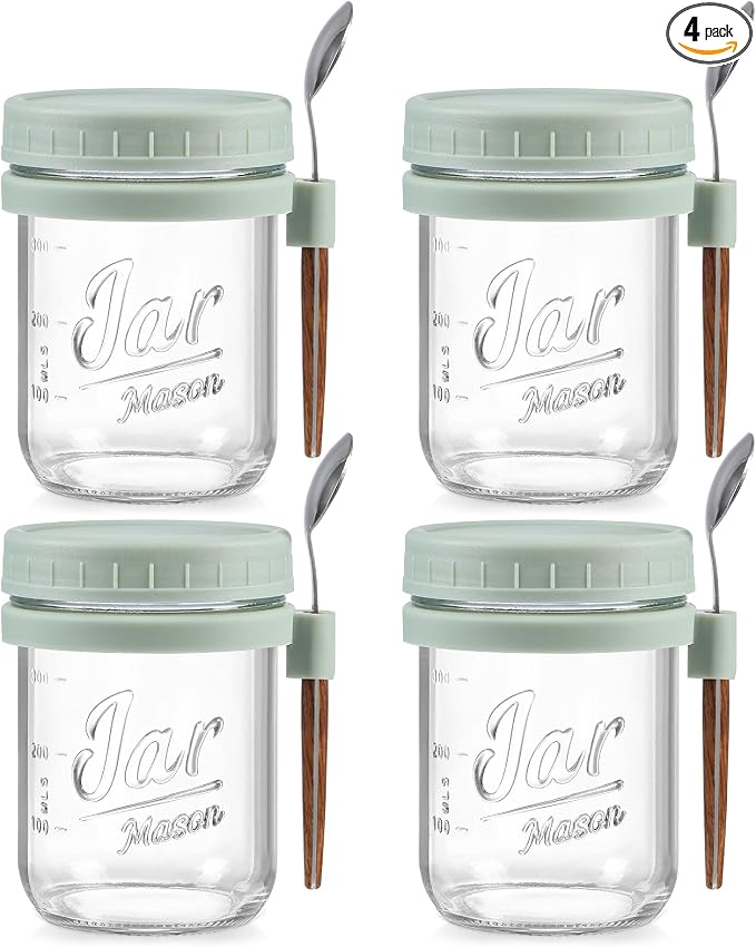LANDNEOO 4 Pack Overnight Oats Containers with Lids and Spoons, 16 oz Glass Mason Jars with Airtight Lids, Overnight Oats Jars for Milk, Cereal, Fruit-Green