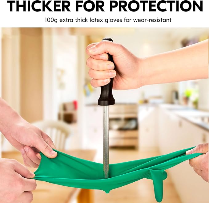 Vgo... 3-Pairs Reusable Household Gloves, Rubber Dishwashing gloves, Extra Thickness, Long Sleeves, Kitchen Cleaning, Working, Painting, Gardening, Pet Care (Size L, Green, HH4601)