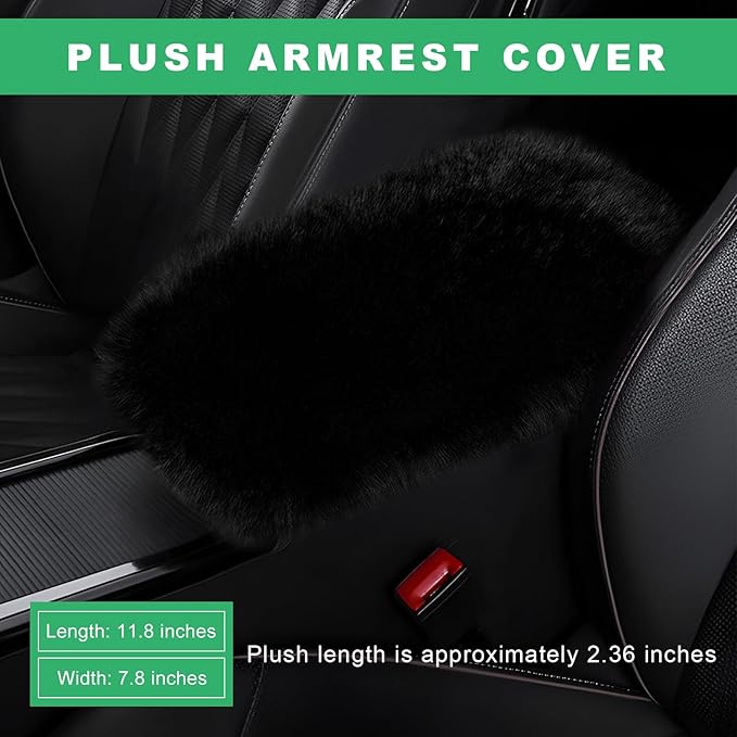 Furry Car Center Console Cover Pad, 11.8"×7.9" Auto Fluffy Plush Center Armrest Protective Cover, Comfortable Fuzzy Armrest Seat Box Protector Cushion for Cars Trucks SUVs (Black)