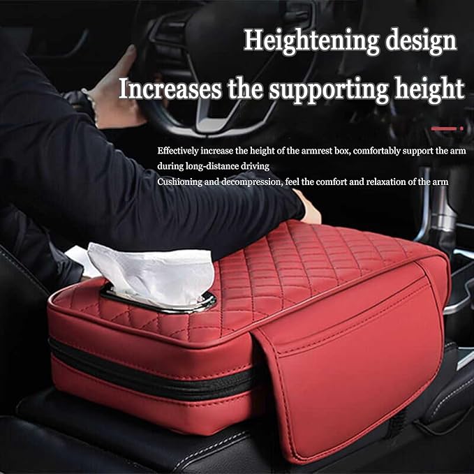 Car Center Console Cover for Infiniti FX SUV FX35 / FX37 / FX40 / FX45 /FX50, Leather Car Arm Rest Cover, Car Armrest Cushion with 2 Storage Bags Car Center Console Armrest Pad, F Red