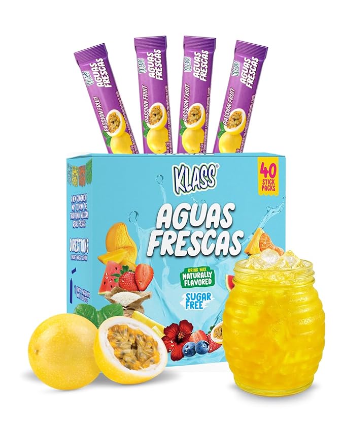 Klass Aguas Frescas, Powdered Drink Mix Variety Pack, 40 Singles Zero Sugar & Caffeine-Free Powder Packets, Water Drink Mix, Flavor: Passionfruit - 5 Calories Per Packet & Natural Flavors