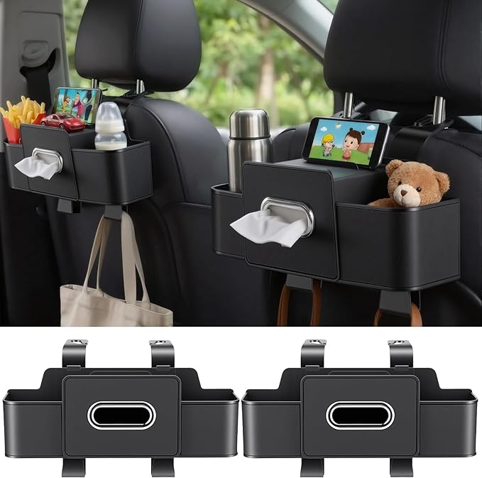 2 Pack Back Seat Car Organizer, Multifunctional Car Organizer Seat Back, with Tissue Box Holder, 2 Cup Holders & 2 Cup Hooks for Phone, Drinks, Toy, Snacks for Keeping Cars Tidy, Fits Most Vehicles