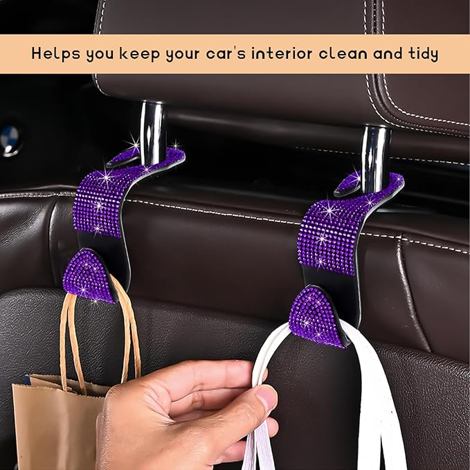 4 PCS Car Seat Headrest Hooks, Bling Rhinestone Purse Hook Vehicle Back Seat Hanger, Sparkling Crystal Headrest Hangers Storage Organizer for Grocery Bag Handbag Coats (Purple)