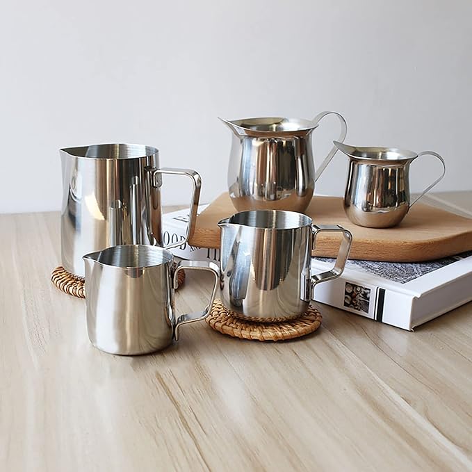 Yesland 6 Pack Creamer Pitcher, 3 oz Small Bell Creamers, Mini Espresso Pouring Cup, Stainless Steel Wide Mouth Pitcher with Pouring Spout for Cream, Milk & Sauce, Maple Syrup