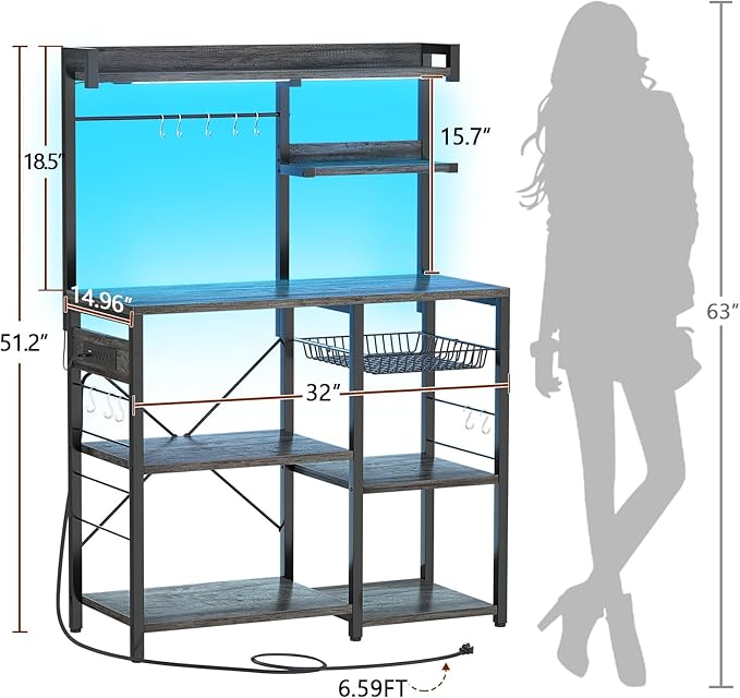 Aheaplus Bakers Rack with Power Outlet and LED light strings, Microwave Oven Stand Kitchen Storage Shelf with Wire Basket, Coffee Bar Station Island table with 10 hooks for Spices, Pots, Black Oak