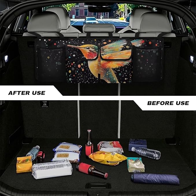 Hummingbird Car Trunk Organizer & Backseat Hanging Organizer with 2 Large Storage Bag & 2 Mesh Pockets,Trunk and Backseat Organizer for SUVs & RVs,37.01x11.81 inch