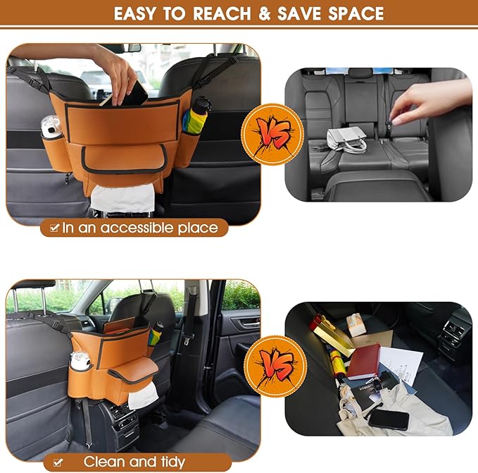 Car Purse Holder Between Seats, Car Seat Purse Handbag Holder, Automotive Consoles Organizers Storage Barrier Car Interior Accessories, Leather Large Capacity (Brown)
