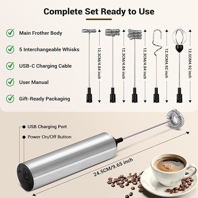 Milk Frother Handheld Rechargeable - 2-Speed Electric Whisk with 5 Detachable Heads (Frother/Mixer/Whisk) for Coffee, Latte, Cappuccino & Matcha, Drink Mixer (silver)