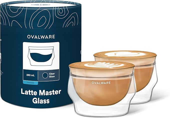 ovalware 8.5oz Double Wall Latte Cups, Latte Set of 2 - Double Wall Glasses for Cold & Hot Drink, Palm-Sized Cups with Wide Rim for Latte Art - Clear Design
