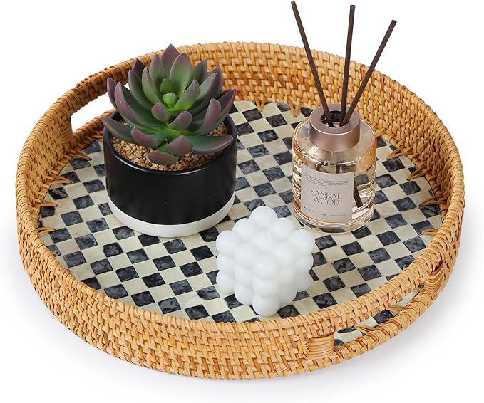 YANGQIHOME Round Rattan Tray with Handle, Mother of Pearl Inlay Decorative Wicker Basket for Coffee, Bread, Fruits, Serving Tray for Home Decor, Checkerboard