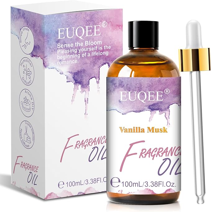 EUQEE Vanilla Musk Fragrance Oil, 3.38 Fl oz/ 100ml Essential Oils for Diffuser, Candle Making, DIY Soap, Aromatherapy with Glass Dropper