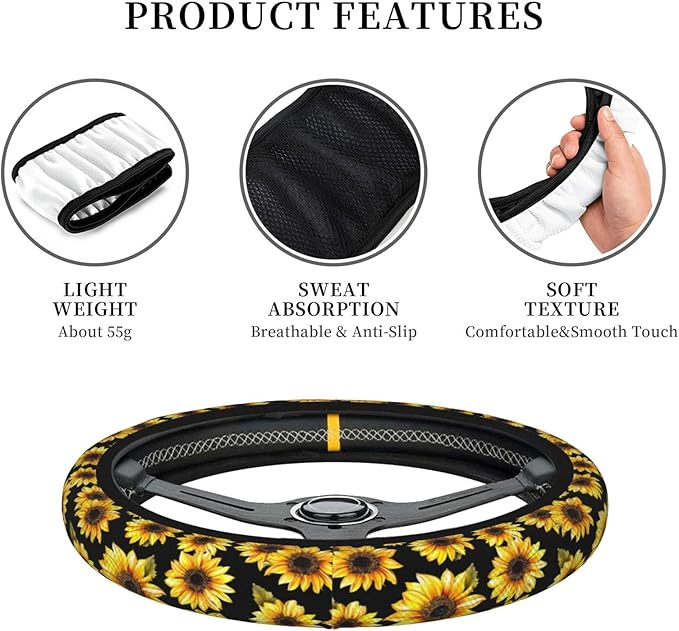 Sunflower Flowers Yellow Steering Wheel Cover For Women Men Girls, Car Accessories Decor Thickened Anti-Slip Auto Steering Wheel Covers Protector Universal Fit 15 Inch For Cars, Truck, Suv