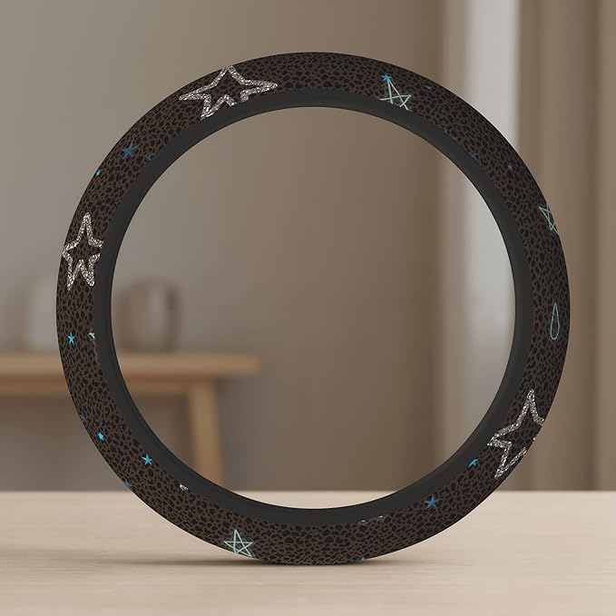 Cute Steering Wheel Cover for Women, Machine Washable Universal 14.5-15.5 inch Non-Slip Grip All Weather Use (Brown Leopard Stars)