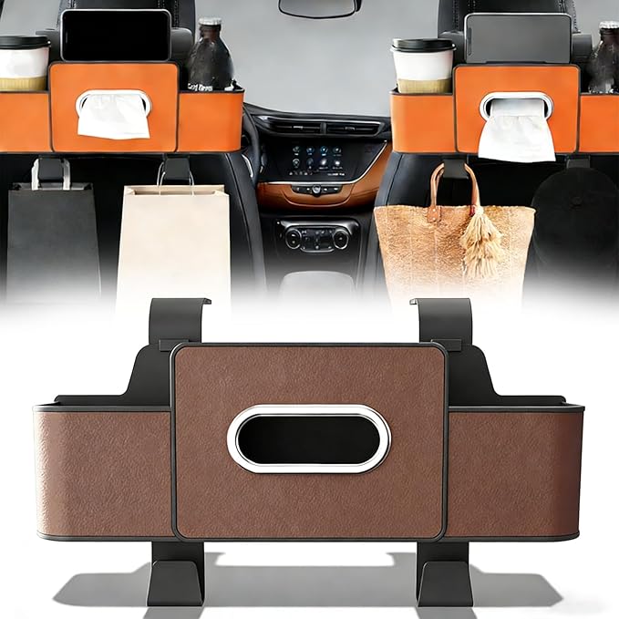Car Organizers and Storage Box Behind Seat, 2026 New Car Headrest Organizer Back Seat with Drink Cup Holder Tissue Box for Hold Phone, Snacks, Drinks, Handbag (Brown)