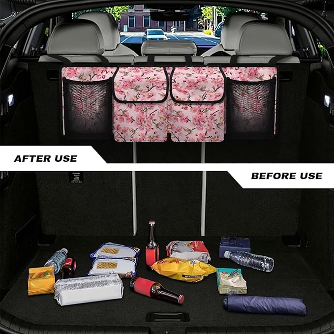 Cherry Blossom Car Trunk Organizer SUV Accessories, Hummingbird Car Organizer Decorations Adjustable Space-Saving Car Organization for SUV/MPV/Truck/Sedan, Your Trunk to Look Organized and Nice