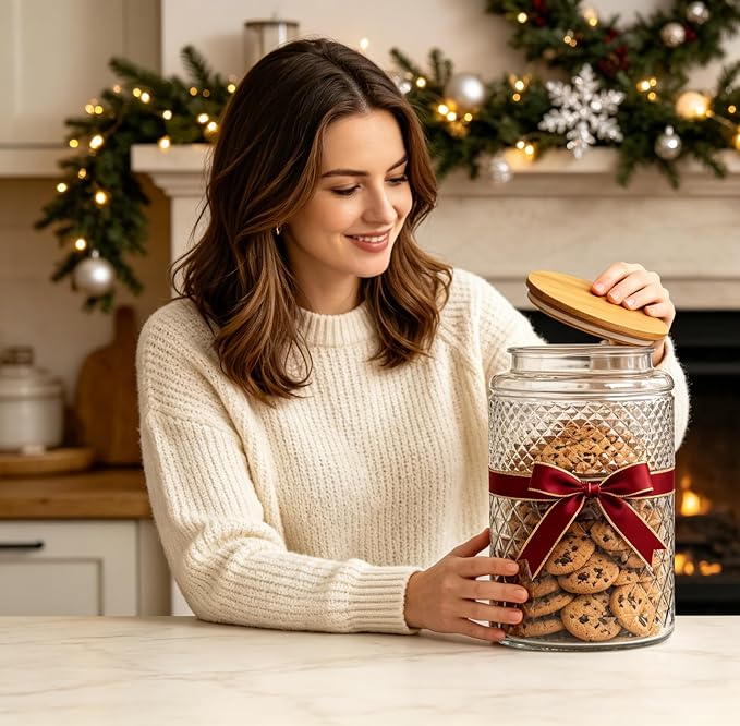 1 Gallon Large Airtight Glass Storage Jars with Bamboo Lid, Kitchen Pantry & Bathroom Laundry Room Organizer Canisters for Flour, Sugar, Cookie, Pasta, Rice, Snack, Coffee Bean, Tea, Spice, Cereal