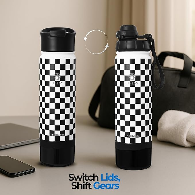 Cold Brew & Tea Infuser Bottle – 18oz Travel Water Bottle with Storage, Dual Lids & Coffee Filter – Fruit Water & Coffee Maker – FLASKMATE All-in-One System (Classic Chess)
