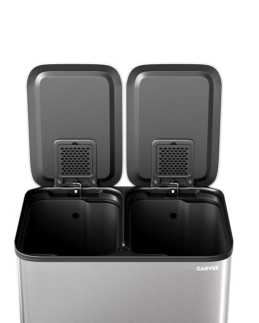GarveeHome 2 x 4 gal Stainless Steel Double Trash Can with Lid for Kitchen, Large Dual Trash and Recycle Bin Combo, Step-on Kitchen Metal Garbage Cans, PP Inner Buckets, Liner Rim, Silver