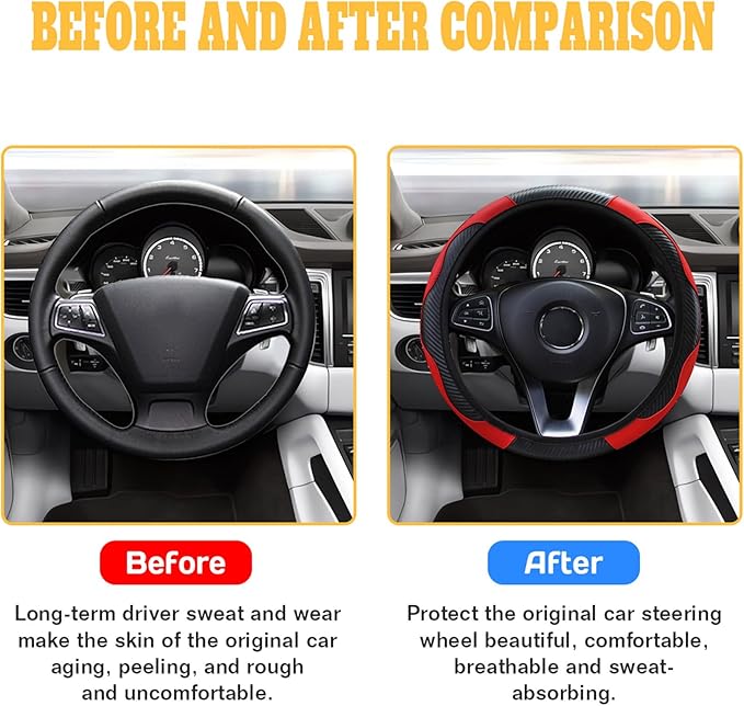 Car Steering Wheel Cover, 15 inch Carbon Fiber Microfiber PU Leather Elastic Steering Wheel Protector for Unisex, Anti-Slip Breathable Car Interior Accessories for Most Cars (Red)