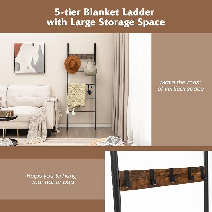GOFLAME Blanket Ladder, 5-Tier Wall-Leaning Towel Holder Shelf with 5 Removable Hooks, Industrial Quilt Stand with Anti-Slip Foot Pads, Towel Ladder Display Rack for Bathroom, Living Room, Bedroom