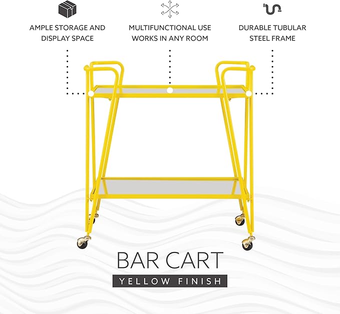 Gina Yellow Mid Century Bar Cart with Mirrored Shelves by Linon