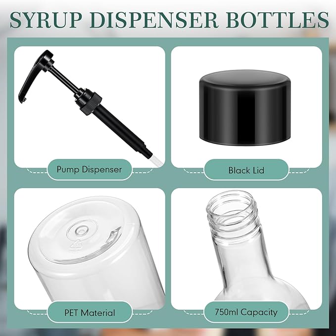 Maxdot 6 Pcs 25 oz Syrup Bottles with Pump Long Neck Bottles Plastic Syrup Pump Dispenser for Coffee Bar Accessories Home Party (Black)