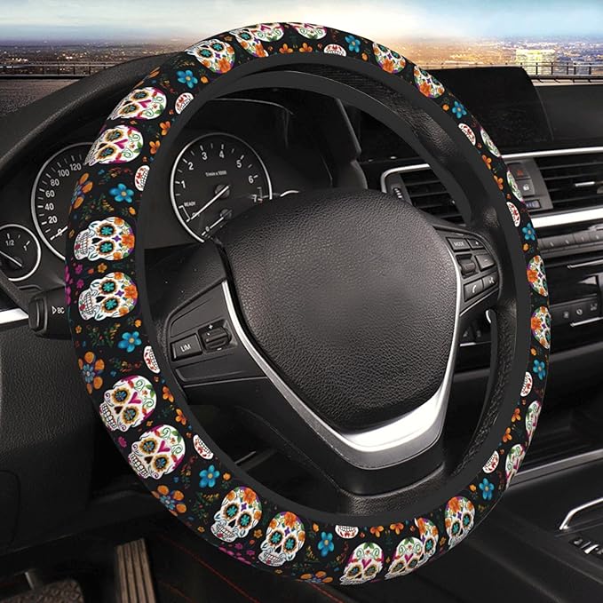 Flower Skull Pattern Neoprene Steering Wheel Covers Women Men Car Accessories, Universal 15 Inch Fit Auto, Suvs, Truck