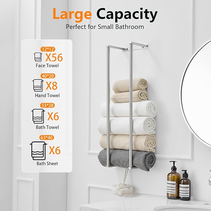 BWE Brushed Nickel Towel Racks for Bathroom, 28" Stainless Steel Bathroom Towel Holder for Rolled Towels, Wall Mounted Towel Storage for Bathroom with 2 Hooks, 6 Large Bath Towels Capacity