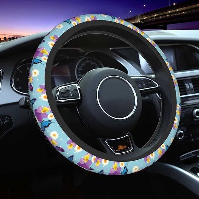 Blue Butterfly Steering Wheel Cover for Women Men with 2 Pcs Car Coasters, Universal 14.5-15 Inch Cute Steering Wheel Covers Non-Slip Car Accessories for Girls