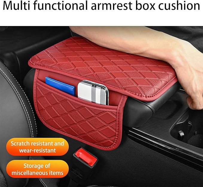 Car Center Console Cover, Leather Vehicle Armrest Pad with 2 Side Storage Bags, Comfortable Auto Interior Middle Console Storage Box Cushion Accessories, Universal for Most Cars (Red)