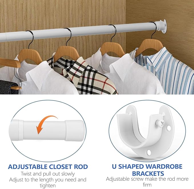 SUTINE Closet Rod, 17 to 38 Inch Closet Rods for Hanging Clothes, Heavy Duty Adjustable Closet Hanging Rod Bar White Closet Poles for Wardrobes, Closet, Bathroom, Windows,1.3 Inch Diameter