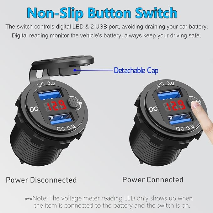 [Upgraded Version] Quick Charge 3.0 Dual 12V USB Car Charger, Aluminum Socket with Red Digital Voltmeter, Waterproof Car Outlet with Power Switch Button, for Marine Boat Motorcycle Truck Golf Cart etc