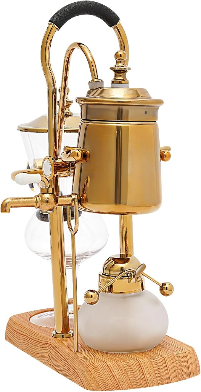 Belgian Siphon Coffee Maker, Vacuum Coffee Maker Brewing System, Balance Siphon/Syphon Coffee Brewer, Elegant Double Ridged Fulcrum with Tee Handle (Gold)