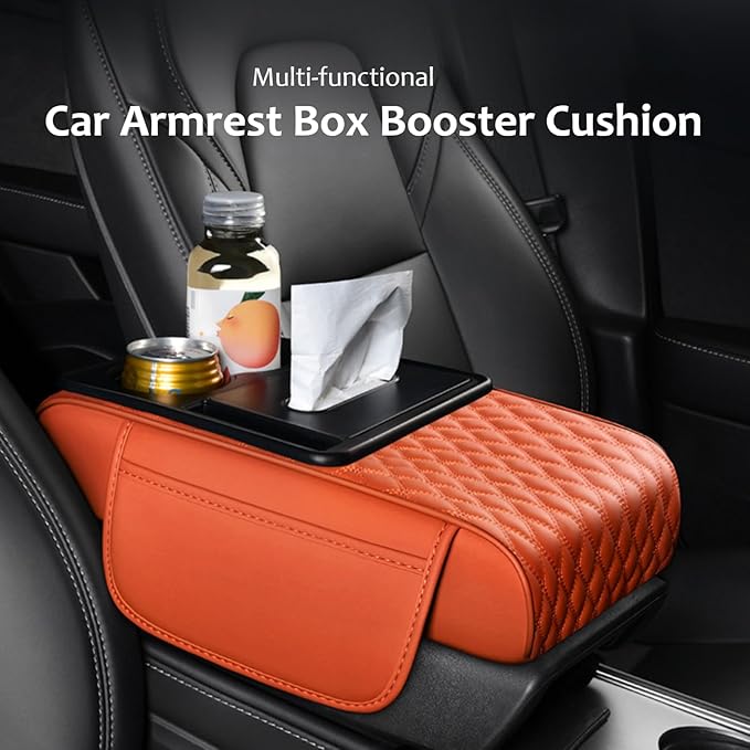 Car Center Console Armrest Pad, Arm Rest Box Cushion with Ergonomic Height Boost, Storage Pockets, Built-in Tissue Box, Cupholder, Fit for Most Sedan Vehicles (Embroidery Water Ripple, Burgundy)