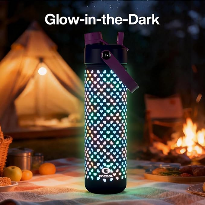 ENCOOL Insulated Water Bottle with Straw Stainless Steel Water Bottle, Glow in the Dark, Leak-Proof, BPA-Free, Keeps Cold for 24 Hours for Sports, Travel, School (26 oz, Heartfield)