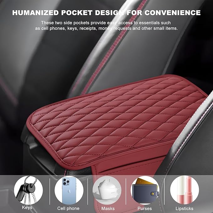 Car Center Console Cover, Waterproof Leather Arm Rest Cushion Pad with 2 Storage Bags, Anti-Scratch Armrest Seat Box Protector Interior Accessories for Most Vehicles (Red)