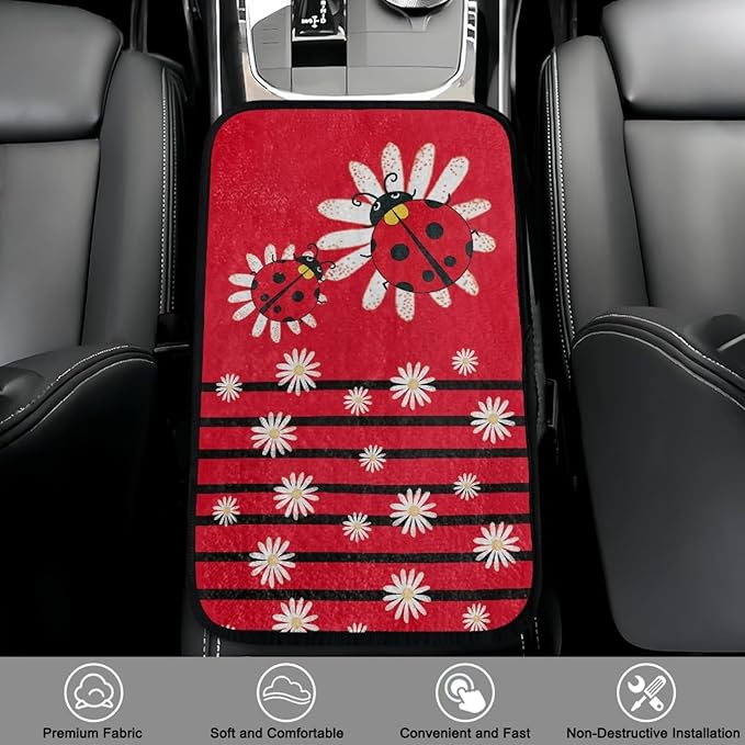 CLOHOMIN Ladybug Car Arm Rest Cover Pad Daisy Auto Armrest Pads Flannel Console Cover for Most Sedans Trucks SUVs Interior Accessories Car Armrest Cushion, Red