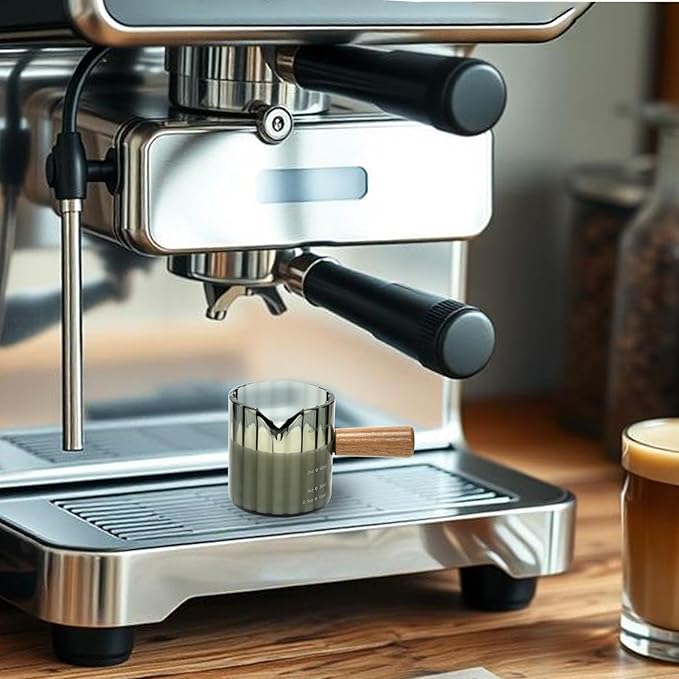 Espresso Cups Set of 2, 4 OZ Espresso Shot Glasses with Wood Handle, V-Shaped Spouts Cups, Ribbed Milk Frothing Pitcher, Glass Measuring Cup, Coffee Espresso Accessories, Demitasse Cups, Small (Gray)