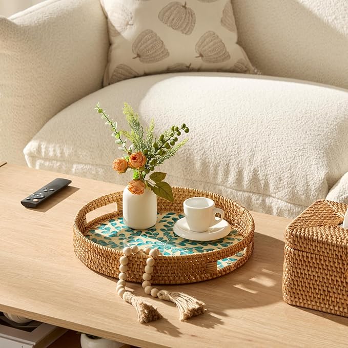 YANGQIHOME Round Rattan Tray with Handle, Mother of Pearl Inlay Decorative Wicker Basket for Coffee, Bread, Fruits, Serving Tray for Home Decor, Blue Clover